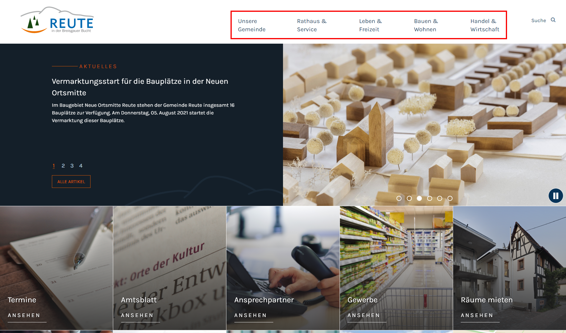 Menü auf der Startseite